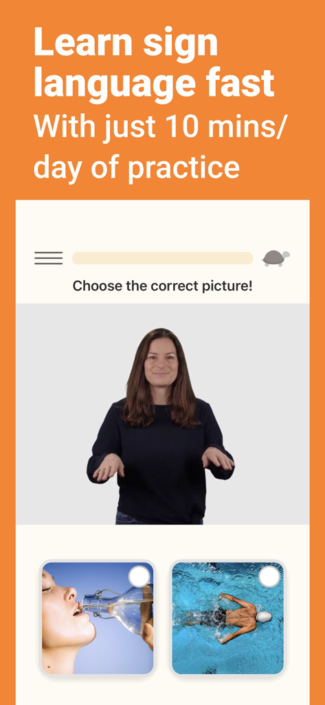Lingvano app interface featuring a sign language video lesson and interactive quiz
