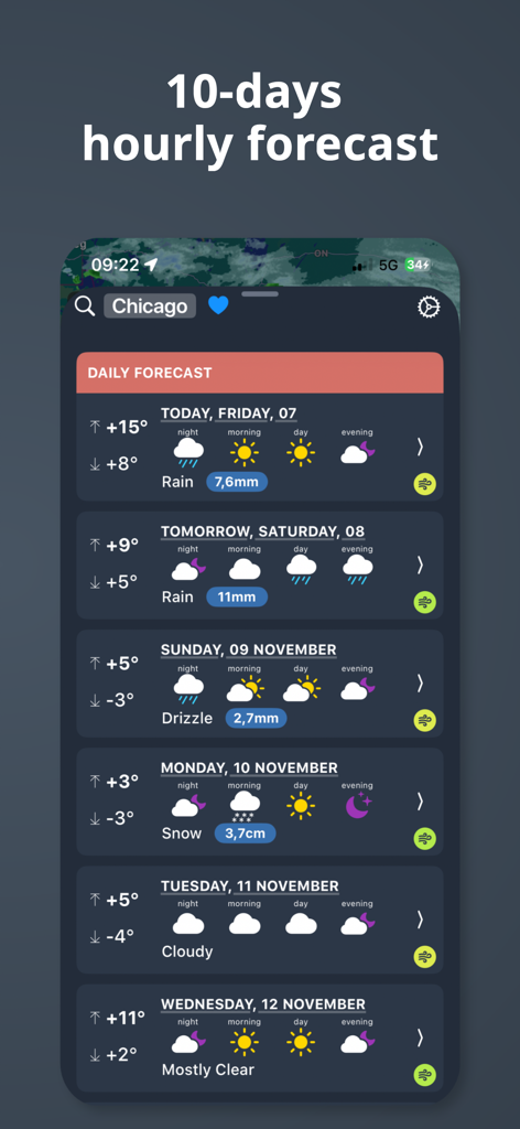 Weather + Radar: NOAA Rain Map - Interfaz de la aplicación Weather + Radar que muestra un pronóstico horario de 10 días para Chicago, incluyendo tendencias de precipitación y temperatura.