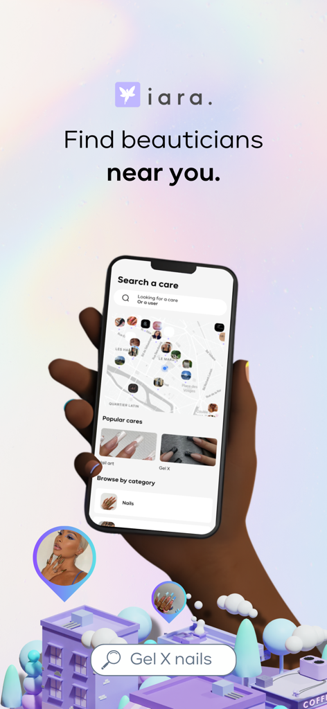 A hand holding a smartphone showing the iara app map interface to find beauty professionals nearby