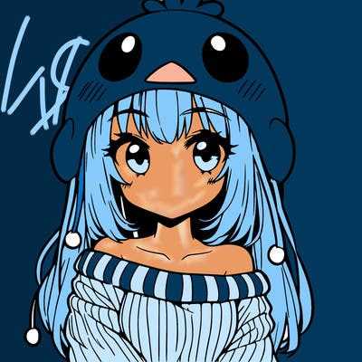 anime girl with chick shaped hat with sweater with bare shoulders with bangs covering them one eye with low tail