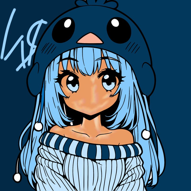 anime girl with chick shaped hat with sweater with bare shoulders with bangs covering them one eye with low tail