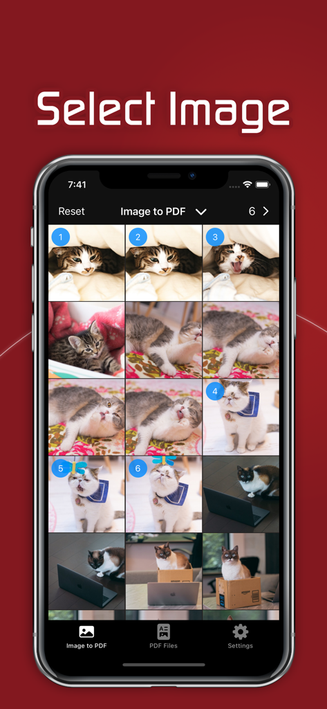 Interfaccia dell'app mobile che mostra il processo di selezione delle immagini per convertire foto in un documento PDF