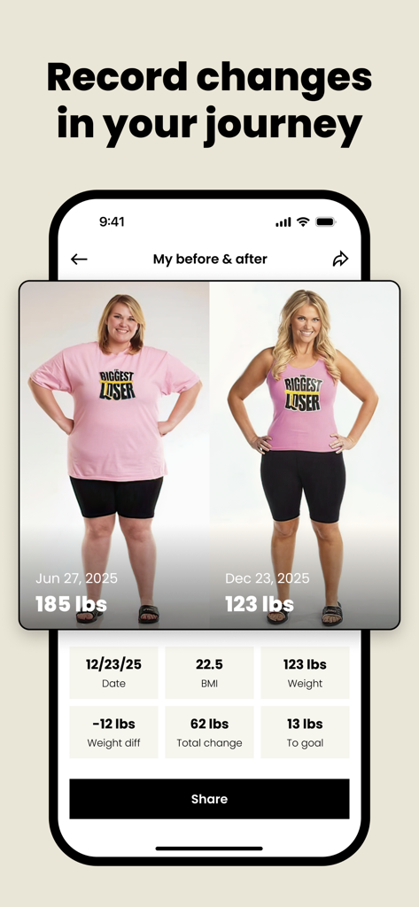 Écran de comparaison avant/après perte de poids dans l'application CalDiet montrant des photos de progression et des métriques de santé.