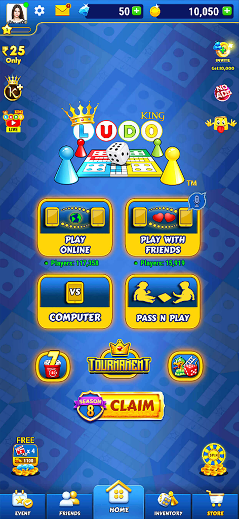 Main menu of the Ludo King app featuring various game modes including online multiplayer and play with friends.