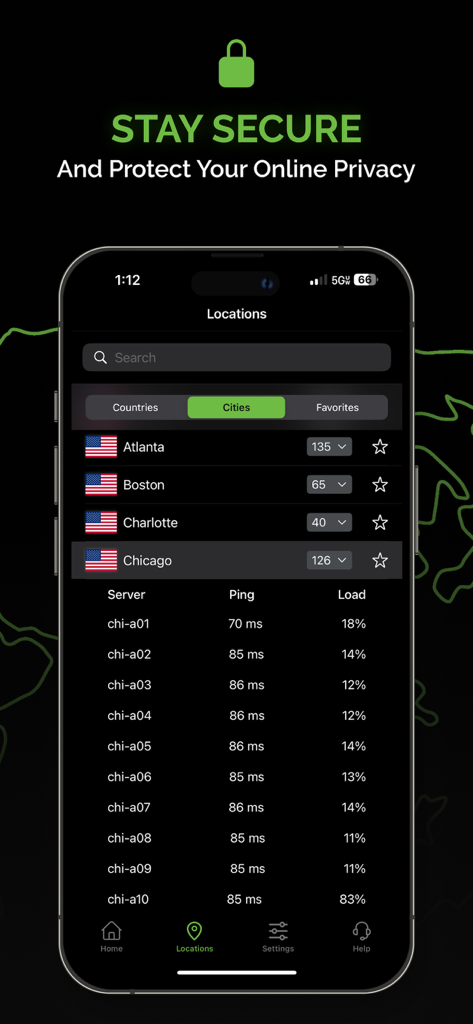 Interface do aplicativo móvel IPVanish mostrando uma lista de locais de servidores de cidades dos EUA com estatísticas de ping e carga em tempo real