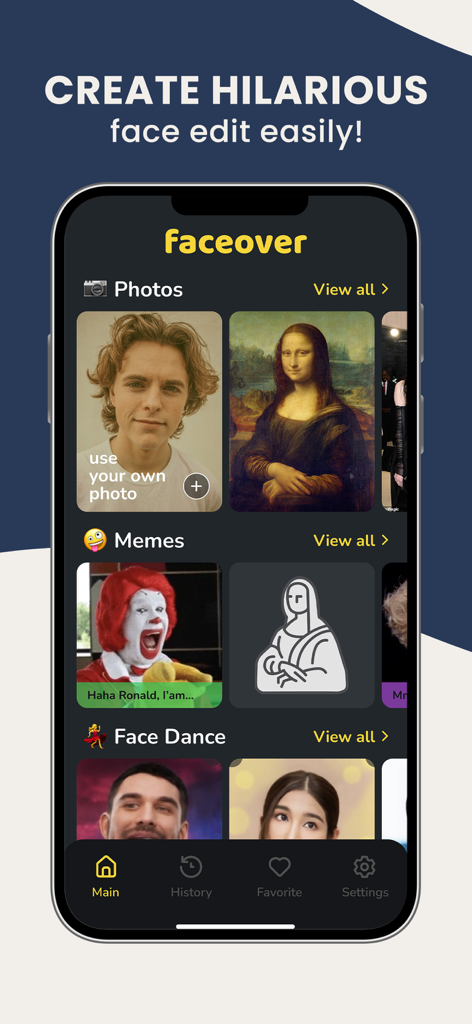 Faceover app main interface showing photo and meme face swap options.