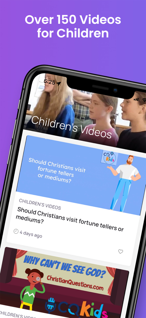 Bildschirm einer mobilen App, der eine Sammlung von lehrreichen Bibelvideos für Kinder zeigt.