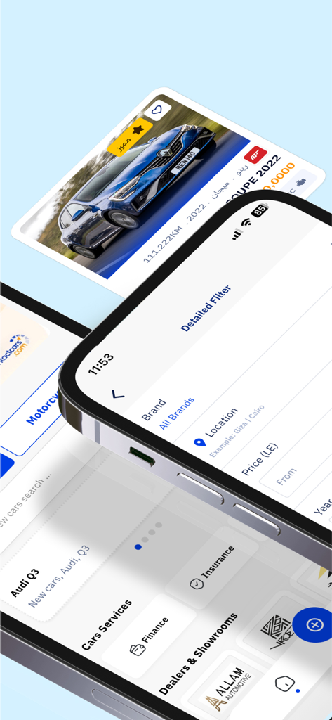 ContactCars: Buy & Sell Cars - 車の検索フィルター、車両リスト、自動車金融サービスを表示するContactCarsアプリのスクリーンショット。