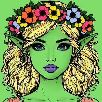 realistic female elf with flower crown