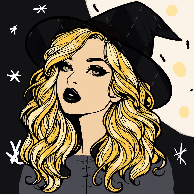 realistic witch girl with wavy hair and lips