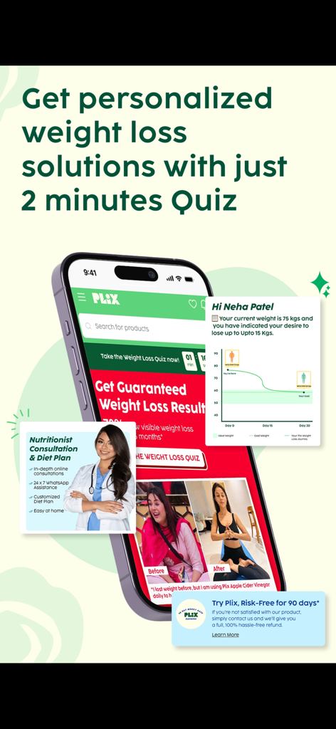 Plixlife - Plixlife app screen showing a personalized weight loss quiz and nutritionist consultation features.