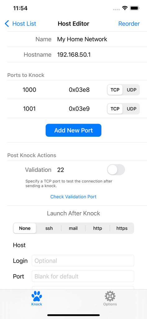 PortKnock - Host editor screen in PortKnock app showing network configuration and port knocking settings