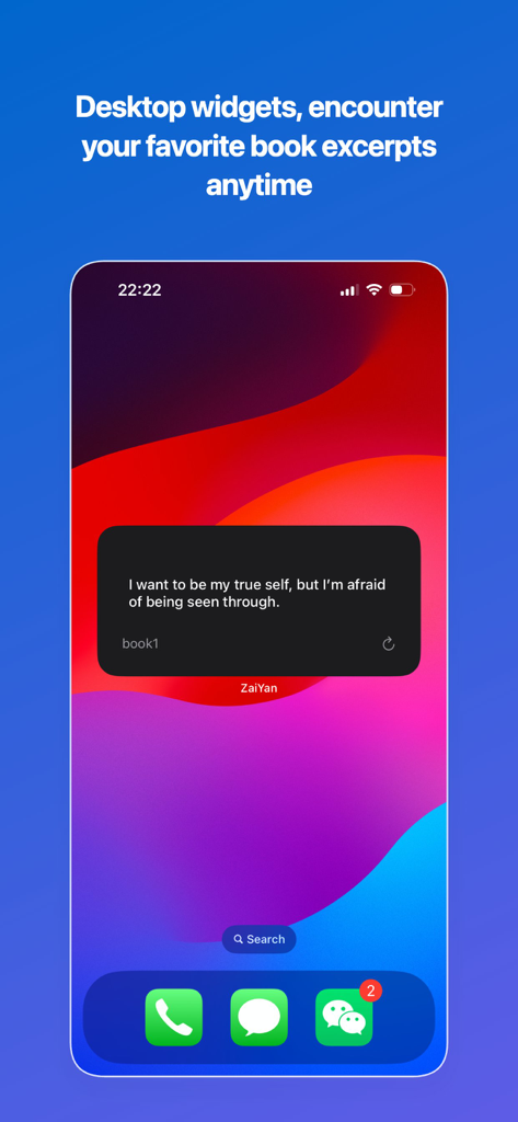 WordGlean - Kindle Highlights - Pantalla de inicio de iPhone que muestra un widget de WordGlean con un extracto de resaltado de un libro.