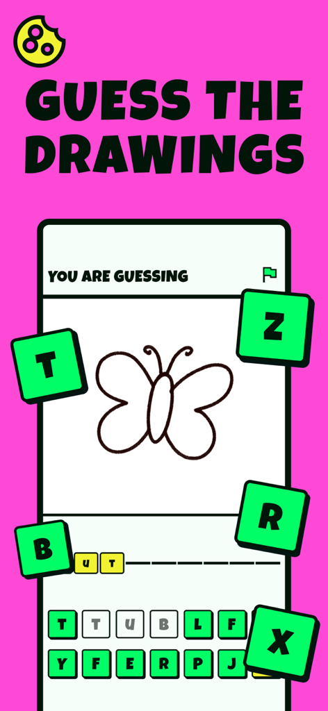 Una interfaz de juego móvil que muestra un dibujo de una mariposa y letras para adivinar la palabra