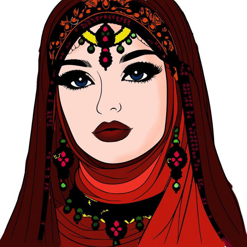realistic woman with a veil covering her hair and mouth, muslim. the veil contains details with jewels. she has beautiful jewelry.