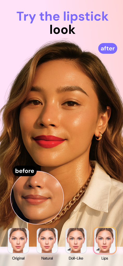 FaceAI・Face & Makeup AI Editor - A before and after comparison showing AI applied red lipstick on a woman using the FaceAI app