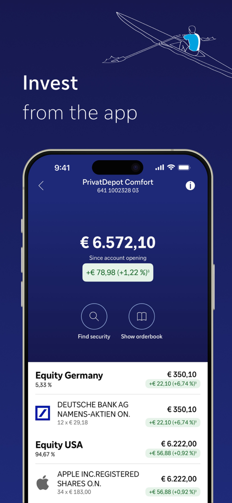 Oberfläche der Deutsche Bank App zur Verfolgung von Investmentportfolios und internationalen Aktien