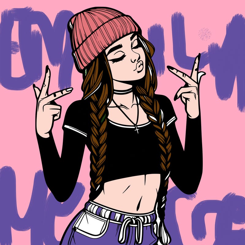 realistic teenage girl with braids and a beanie and crop top doing 🫶🏼