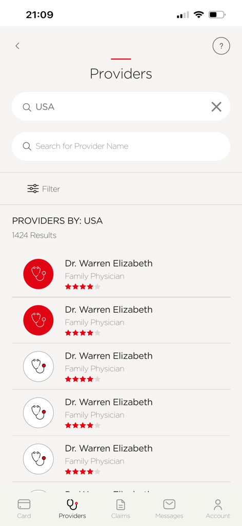 Liste des prestataires de soins de santé et des médecins aux États-Unis sur l'application PassportCard-DavidShield