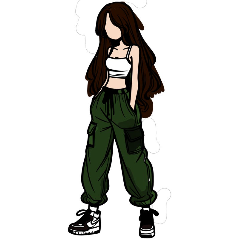 girl in baggy pants crop top and long hair