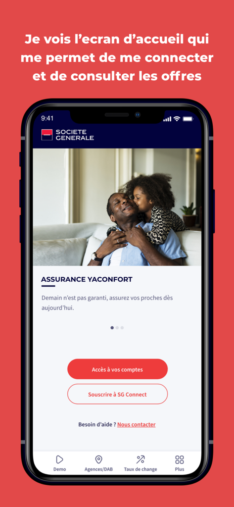 Home screen of the SG Connect mobile banking app showing account access buttons and a branch locator