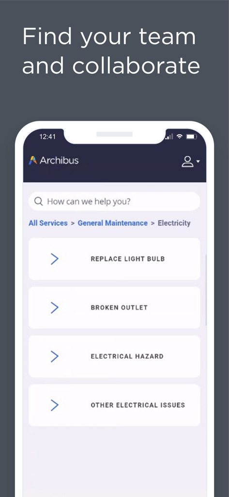 Interface do aplicativo móvel Archibus Workplace para relatar manutenção de instalações e problemas elétricos