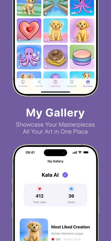 Kala: AI Art Coloring Book - User gallery and personal art portfolio interface in the Kala AI coloring app