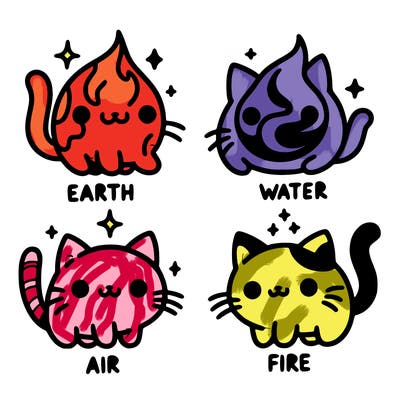 4 cats that represent the different elements, earth, water, air, and fire