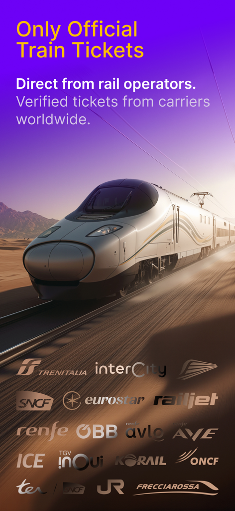 Rail Monsters: Train Tickets - A modern high speed train speeding across the desert under a bright sky with logos of international rail operators.