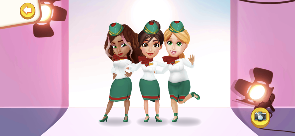 Three characters posing in flight attendant uniforms on a photo shoot stage