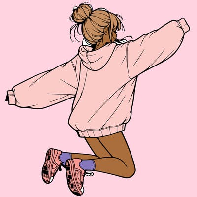 realistic girl jumping with a bun and oversized sweatshirt