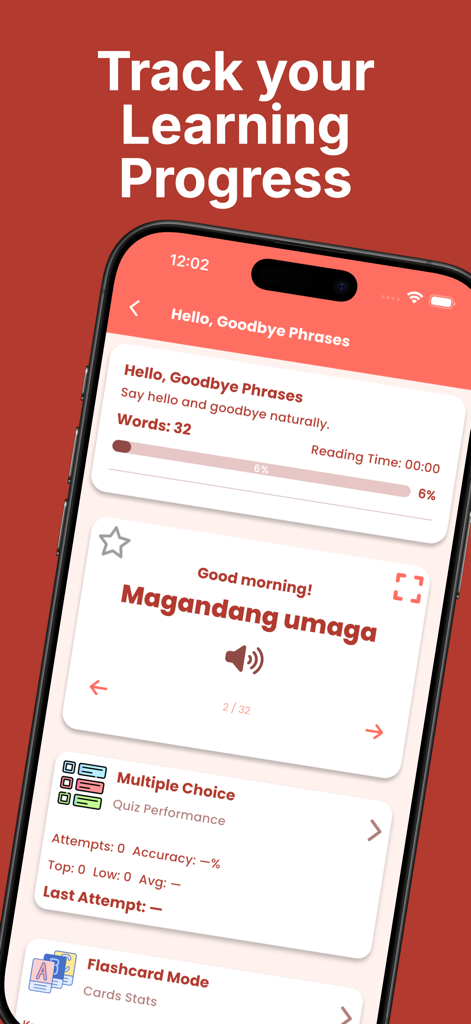 Learn Tagalog For Beginners - Interface de l'application Learn Tagalog montrant un suivi de progression et une phrase tagalog courante pour les salutations.