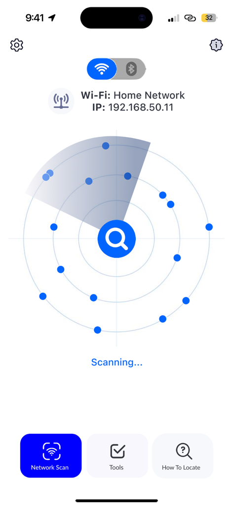WiFi Network Scanner, Analyzer - Interfaz de la aplicación WiFi Network Scanner que muestra una vista de radar mientras escanea dispositivos conectados en una red doméstica