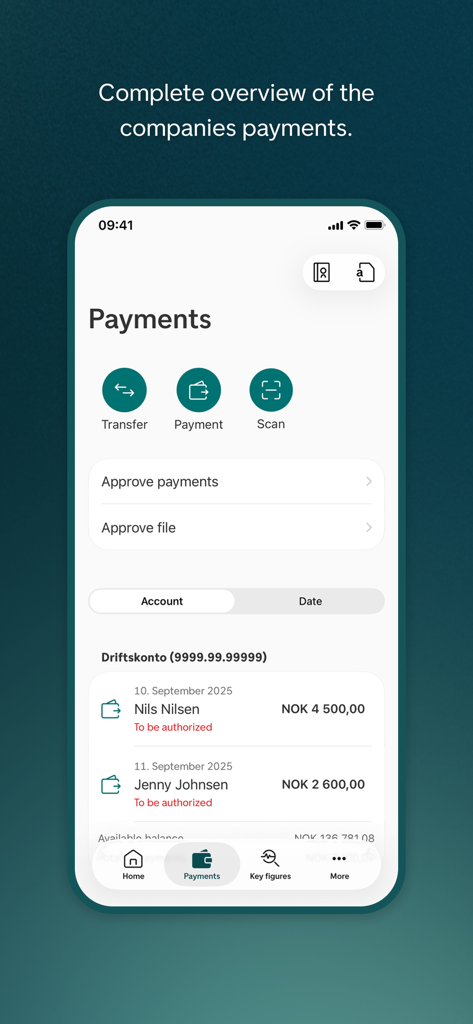 mobile dashboard for business payments and bill scanning in dnb bedrift app