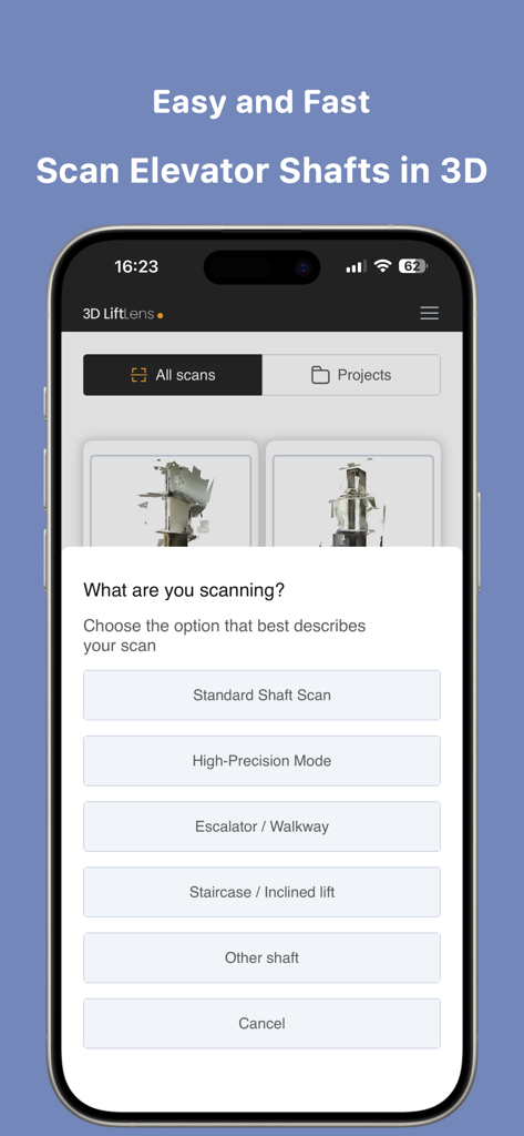 3DLiftLens - A smartphone screen displaying the 3DLiftLens app interface with a menu to choose between standard shaft scan, high-precision mode, and other scanning options.