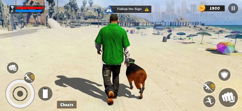 City Gangster Vice Mafia Wars - Personaje caminando con un perro en una playa en un juego de mundo abierto de gánsteres de ciudad
