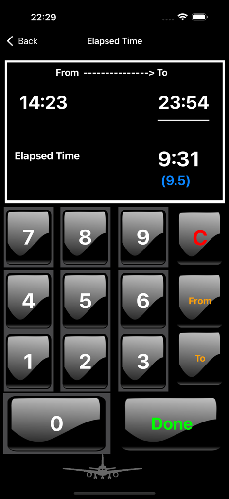 Interface do aplicativo Flight-Time mostrando um cálculo de tempo decorrido entre duas horas com um teclado numérico