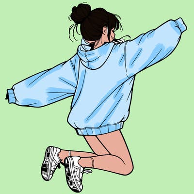 realistic girl jumping with a bun and oversized sweatshirt