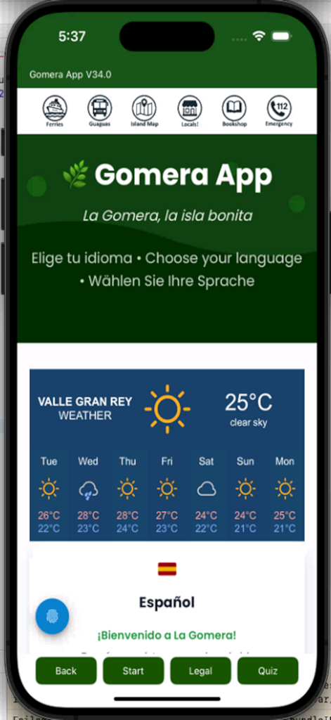 Gomera App - Gomera App home screen featuring local weather forecast and transport icons for La Gomera
