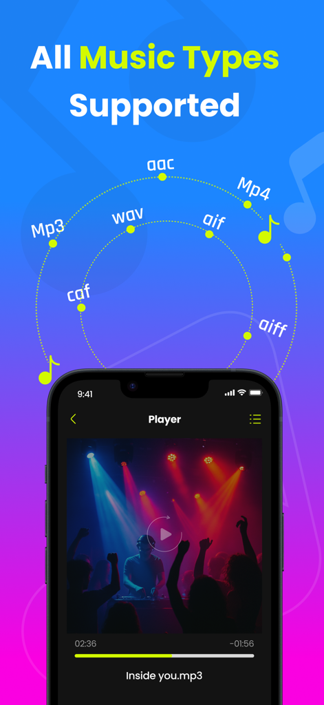 Interface d'application mobile pour le lecteur hors ligne, compatible avec différents formats de fichiers audio tels que MP3, WAV et AAC.