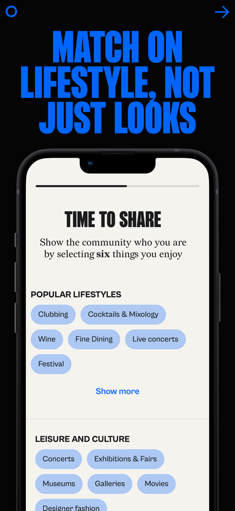 Dating app interface showing lifestyle interest tags for matching like fine dining and art galleries