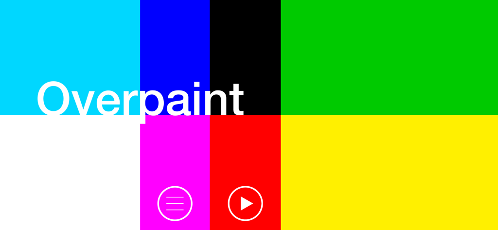 Minimalist home screen of the Overpaint puzzle game featuring vibrant color blocks and a play button.