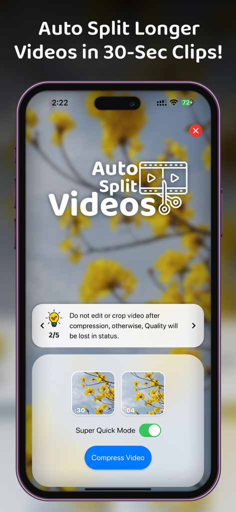 PureStatus app interface showing the auto split video feature to create 30 second clips for WhatsApp status