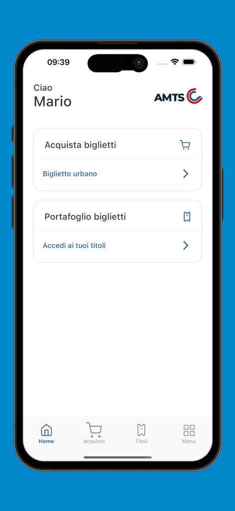 AMTS Smart Ticketing - Pantalla de inicio de la aplicación AMTS Smart Ticketing que muestra opciones para comprar billetes y acceder a la billetera digital.