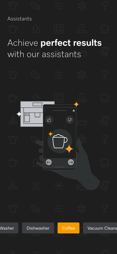 A promotional screen from the Miele app showcasing the smart assistant feature for coffee machines.