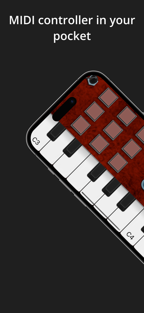 Keys : MIDI Controller - Smartphone-Bildschirm zeigt die Keys MIDI Controller App mit Klaviertasten und Drum-Pads.
