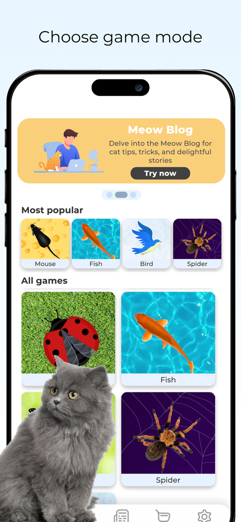 Games for Cats Cat Toy – Meow - Mobile app screen showing various game modes for cats including mouse fish bird and spider