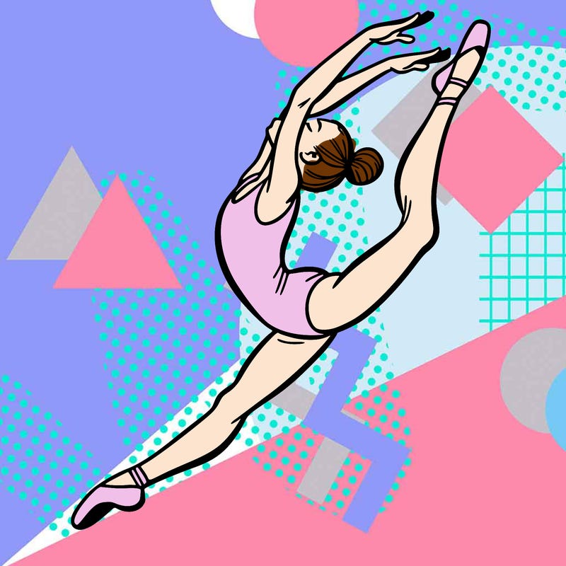 gymnast doing a leap in a leotard with a bent back leg