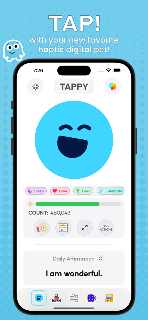 Tappy: Self Care Fidgeter - Tappy app home screen featuring a blue digital pet and a daily affirmation