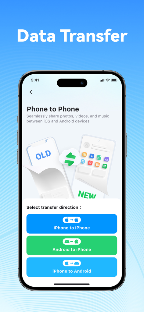 Interfaccia dell'app Dr.Fone che mostra le opzioni di trasferimento dati da telefono a telefono per iPhone e Android.